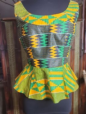 African Print Green and Yellow Peplum Top